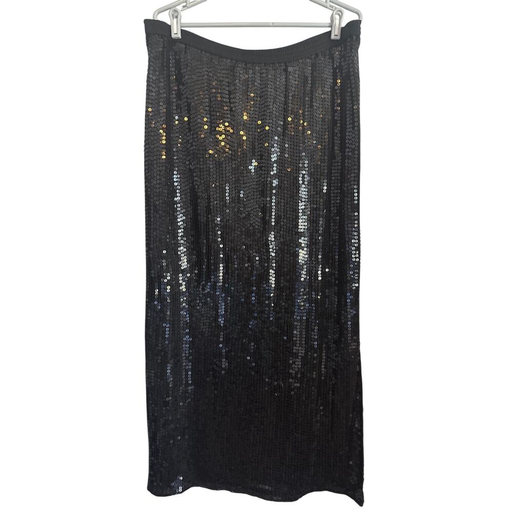 Vintage 100% Silk Sequins Midi Skirt Black Womens Large Pull On Evening Cocktail